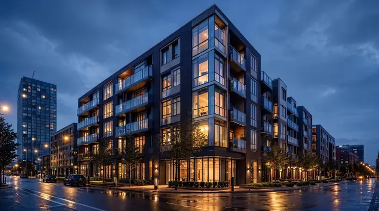 A modern apartment building lit at dusk